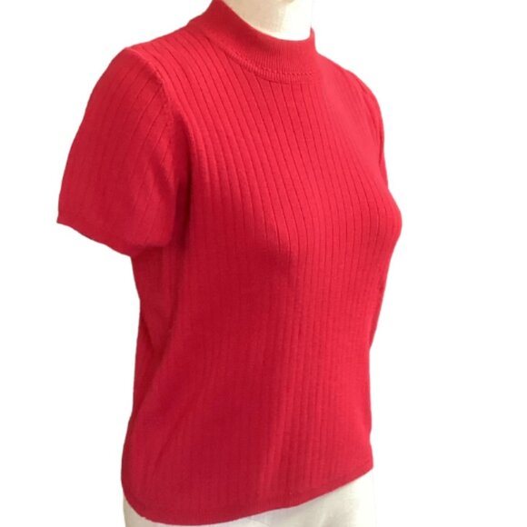 Ribbed Knit Short Sleeve Mock Neck Sweater S Red  by Laura Scott #223P - Picture 2 of 6